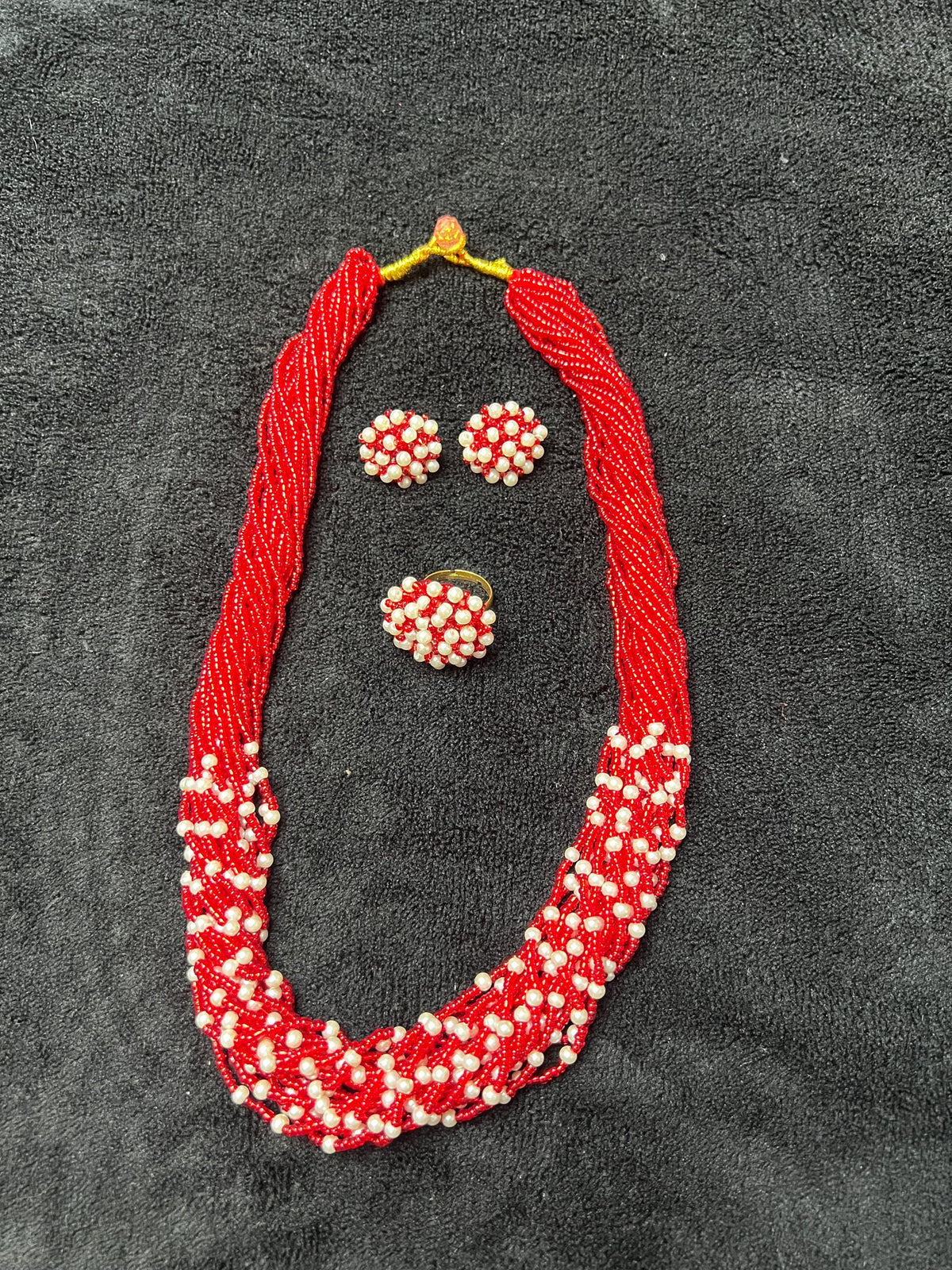3-Layer Moti Mala Necklace Set | Red White Beaded Nepali Traditional Bridal Jewelry