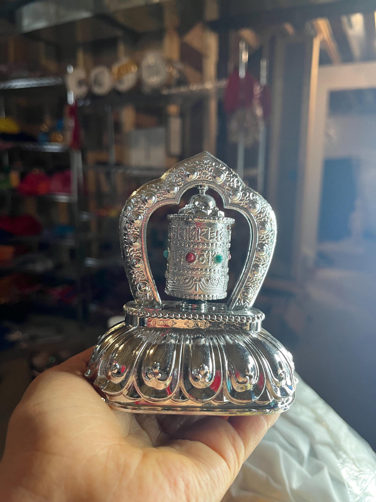 Solar Car Prayer Wheel | Tibetan Buddhist Mani Wheel Dashboard Decor with Gemstone Accents