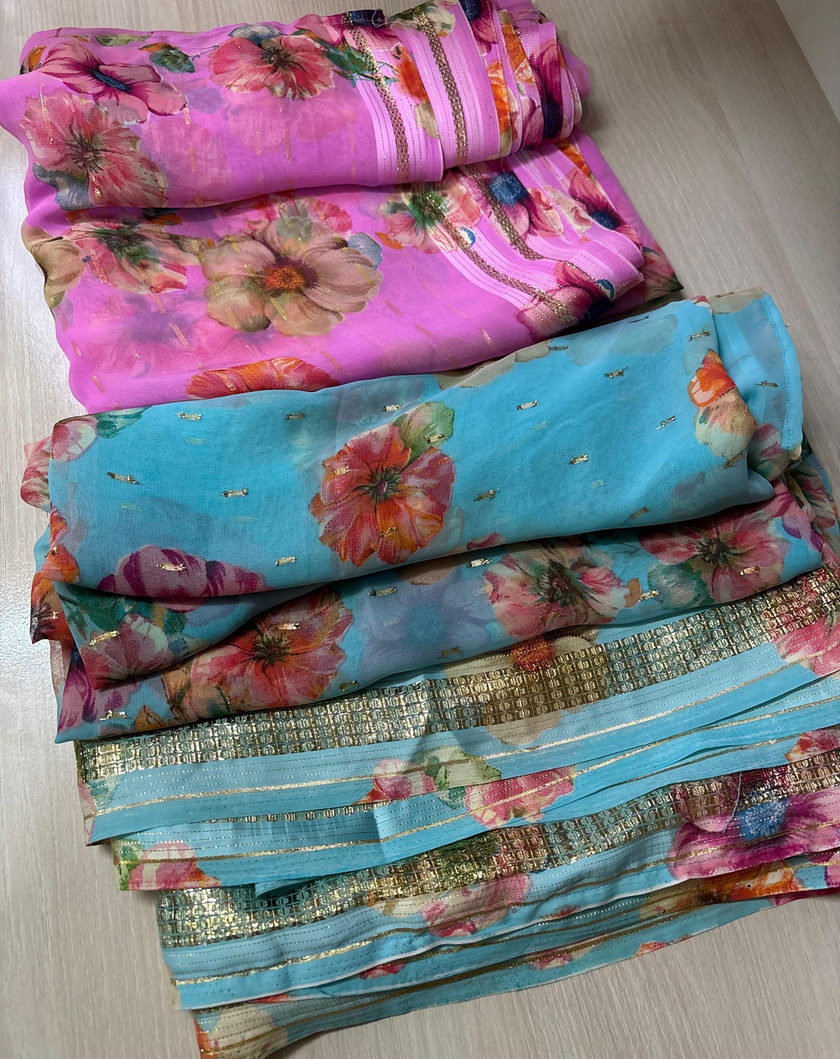Japanese Print Saree | Floral Party Wear Sari without Blouse Falls Pico Finished