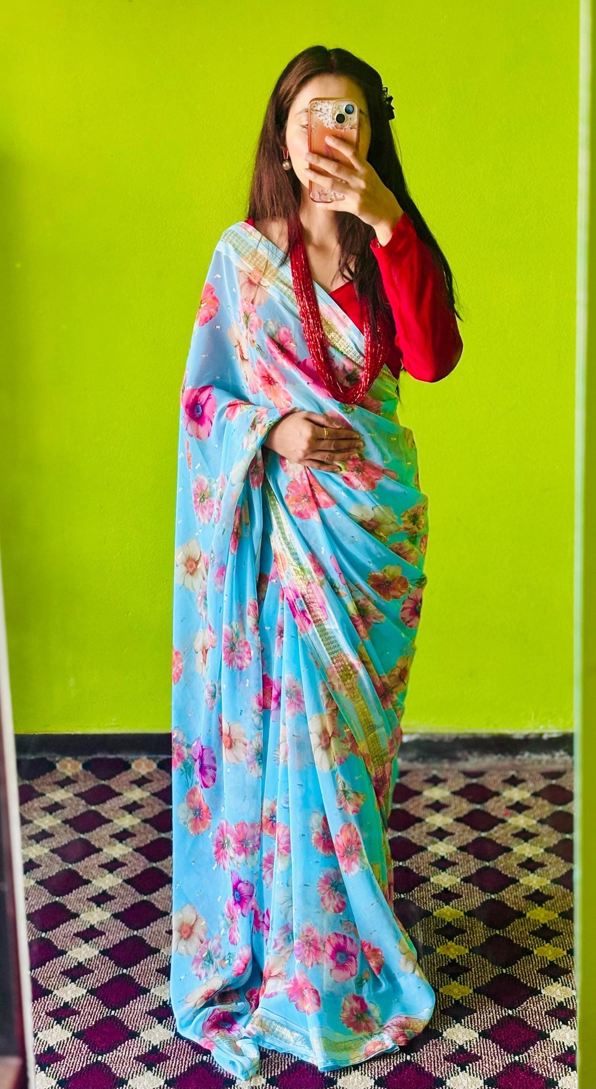 Japanese Print Saree | Floral Party Wear Sari without Blouse Falls Pico Finished