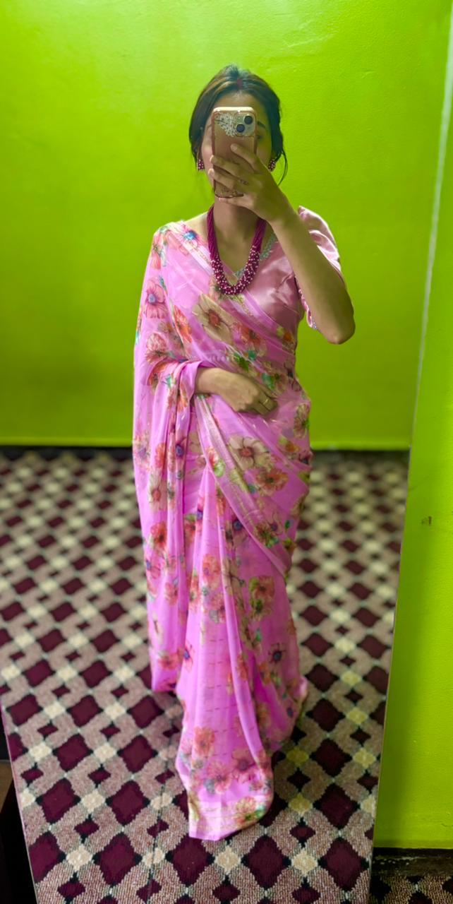 Japanese Print Saree | Floral Party Wear Sari without Blouse Falls Pico Finished
