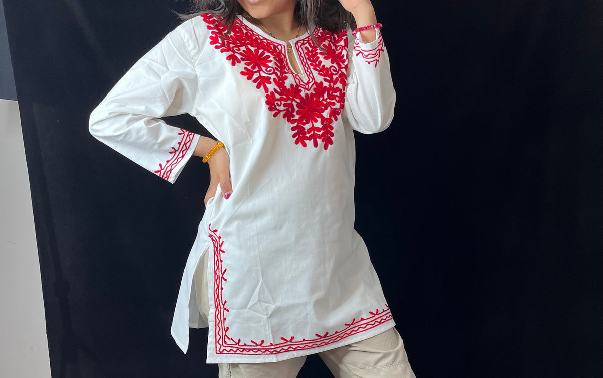 Embroidered Tunic Top | Floral Mandarin Collar Kashmiri Kurti for Women