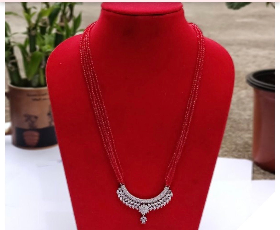 Red Pote Mangalsutra Necklace | Handmade Crystal Beads for Teej and Shravan Festival