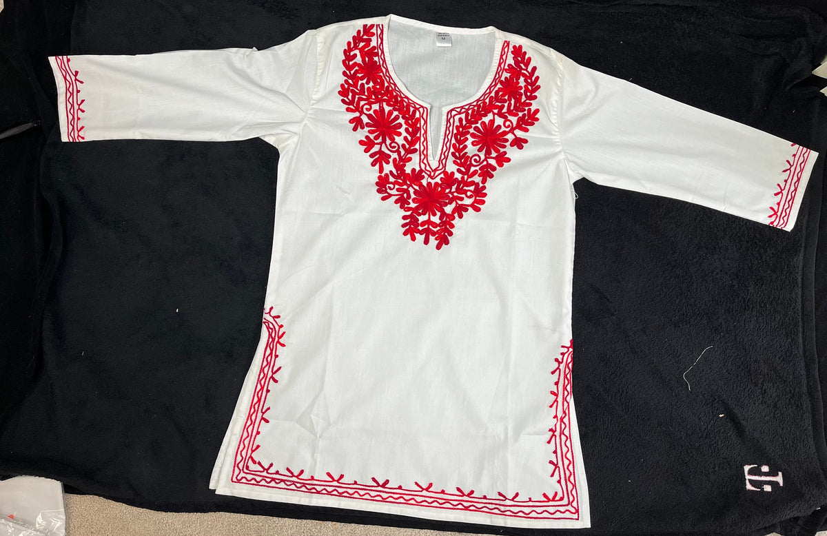 Embroidered Tunic Top | Floral Mandarin Collar Kashmiri Kurti for Women