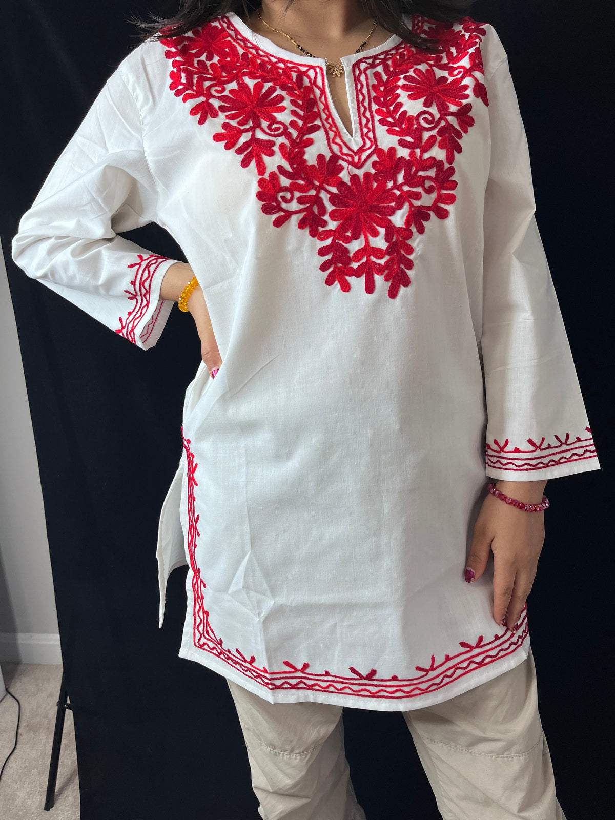 Embroidered Tunic Top | Floral Mandarin Collar Kashmiri Kurti for Women