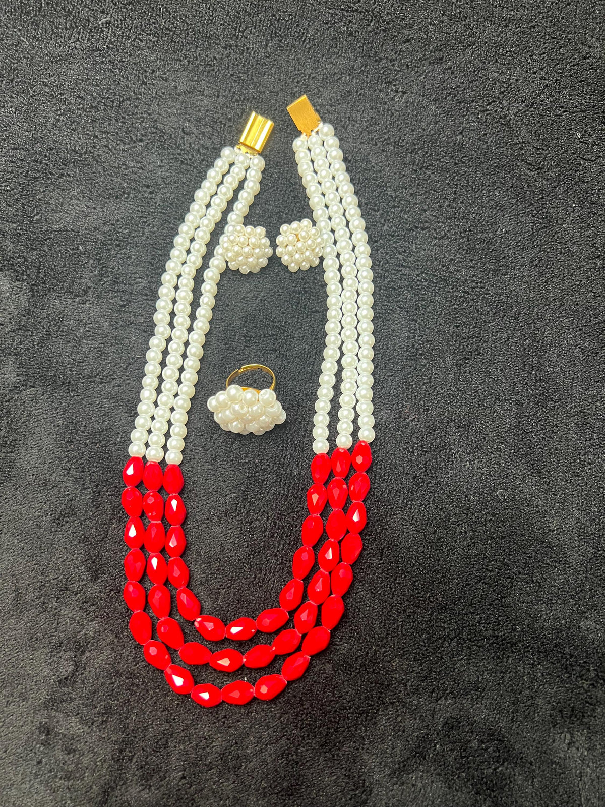 3-Layer Moti Mala Necklace Set | Red White Beaded Nepali Traditional Bridal Jewelry
