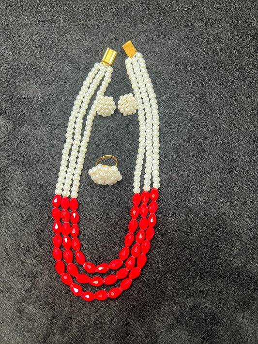 3-Layer Moti Mala Necklace Set | Red White Beaded Nepali Traditional Bridal Jewelry
