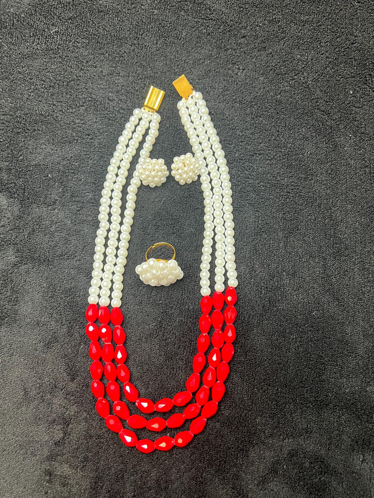 3-Layer Moti Mala Necklace Set | Red White Beaded Nepali Traditional Bridal Jewelry