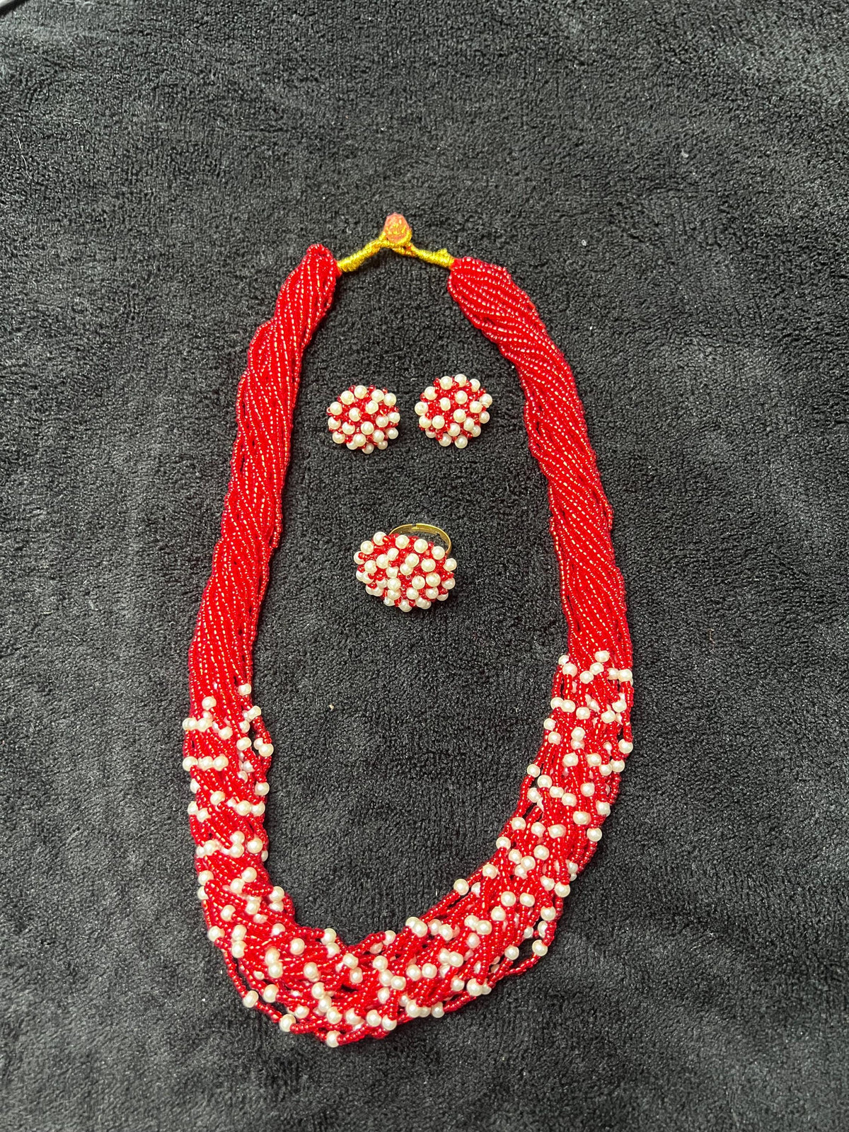 3-Layer Moti Mala Necklace Set | Red White Beaded Nepali Traditional Bridal Jewelry