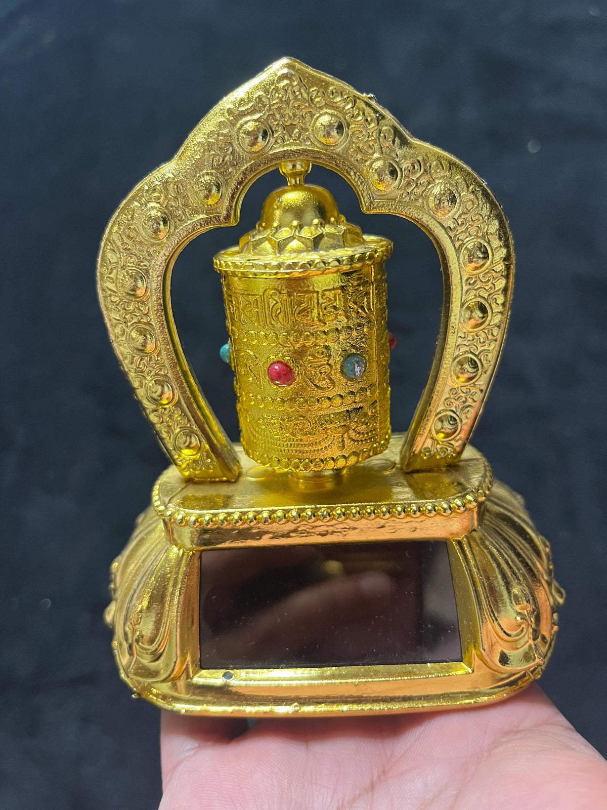 Solar Car Prayer Wheel | Tibetan Buddhist Mani Wheel Dashboard Decor with Gemstone Accents
