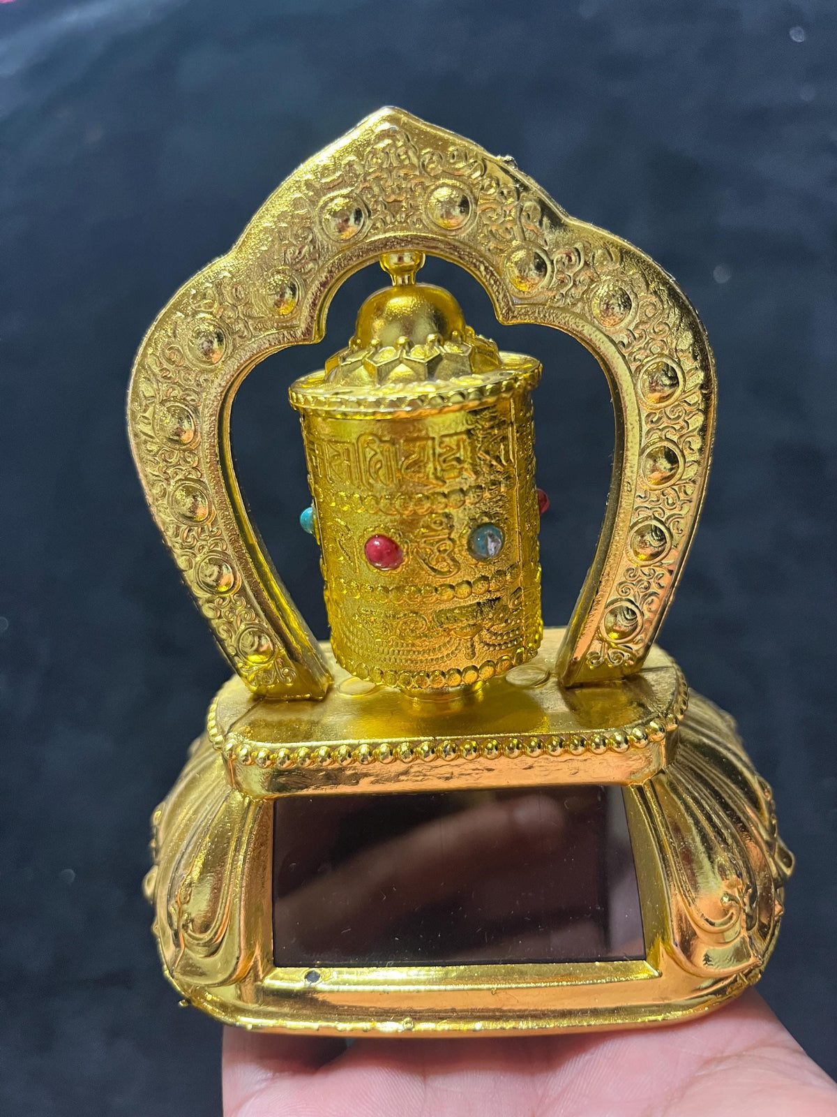 Solar Car Prayer Wheel | Tibetan Buddhist Mani Wheel Dashboard Decor with Gemstone Accents
