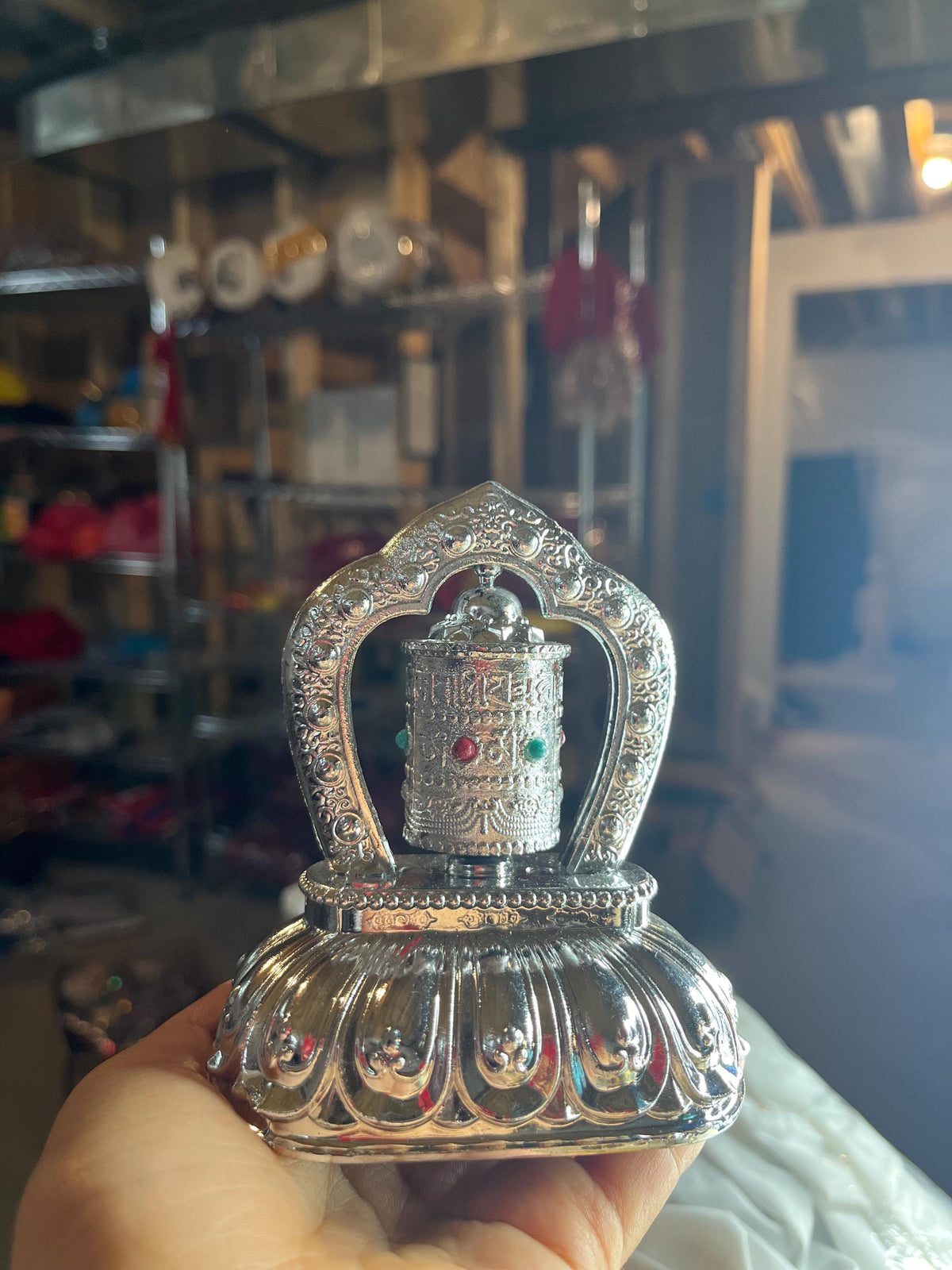 Solar Car Prayer Wheel | Tibetan Buddhist Mani Wheel Dashboard Decor with Gemstone Accents