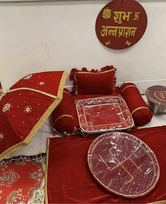 Luxurious Velvet Annaprasan Baby Seat | Rice Feeding Pasni Ceremony Decoration Setup