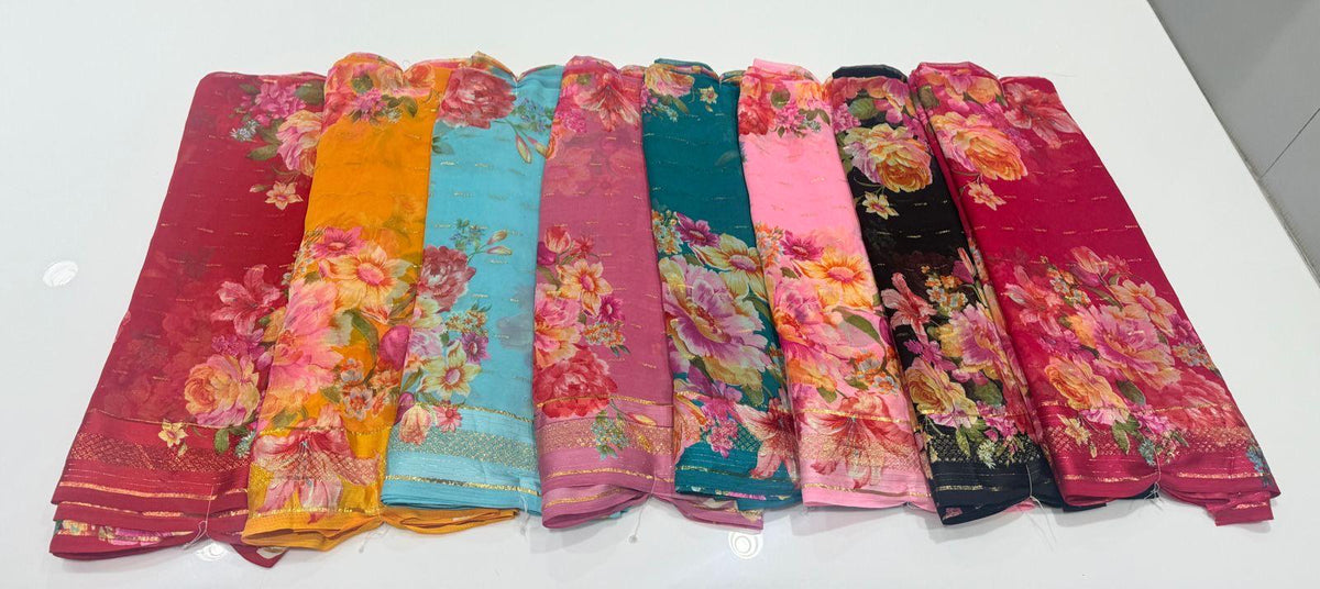 Japanese Print Saree | Floral Party Wear Sari without Blouse Falls Pico Finished