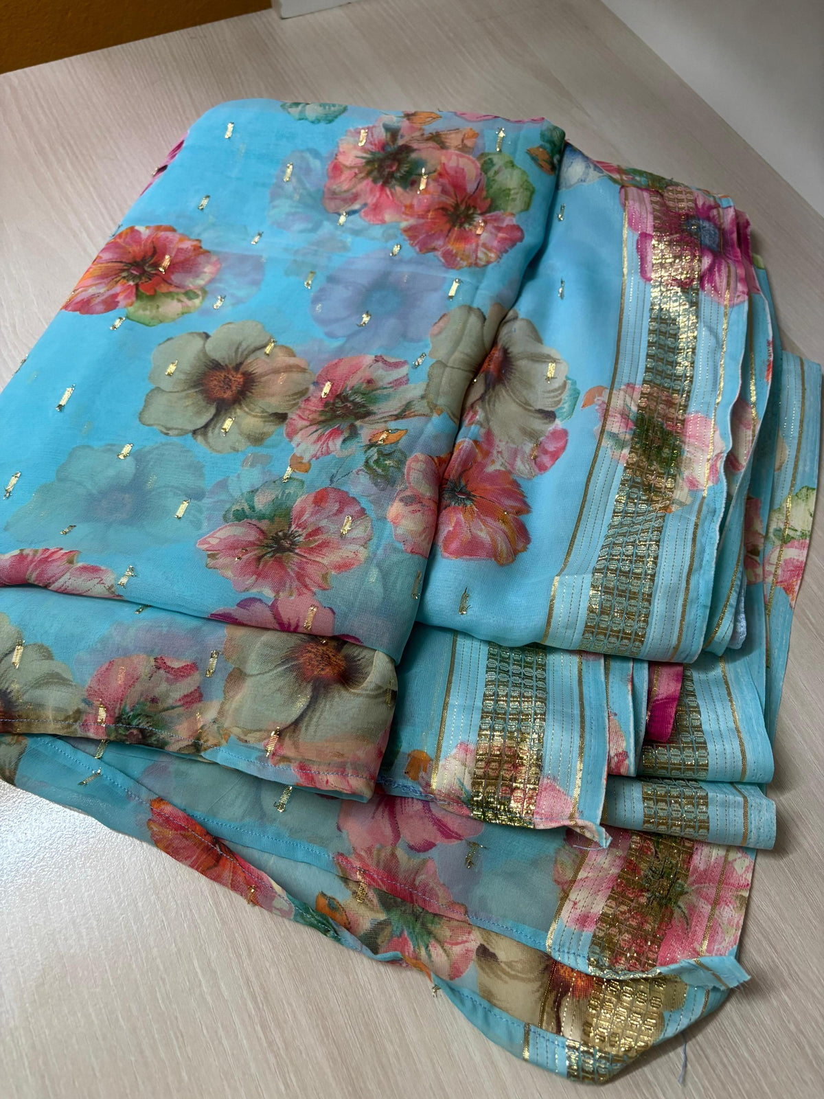 Japanese Print Saree | Floral Party Wear Sari without Blouse Falls Pico Finished