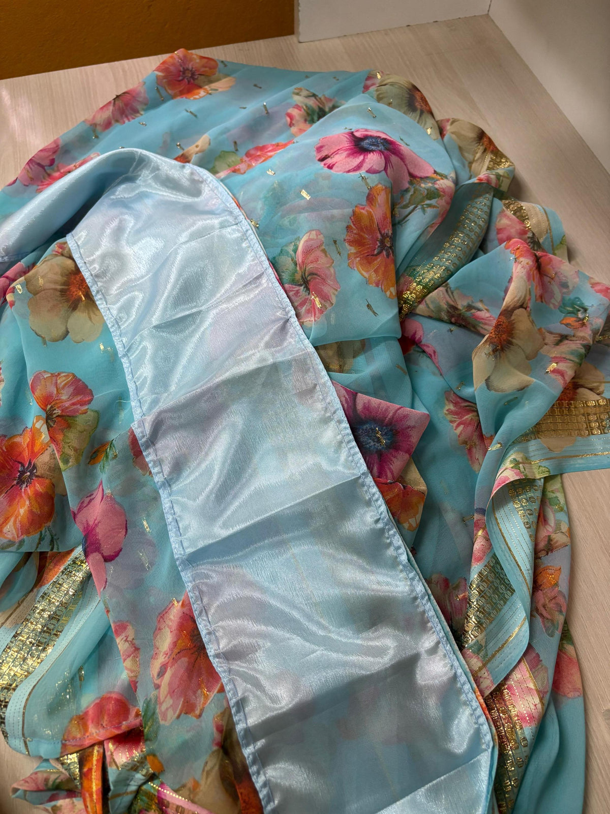 Japanese Print Saree | Floral Party Wear Sari without Blouse Falls Pico Finished