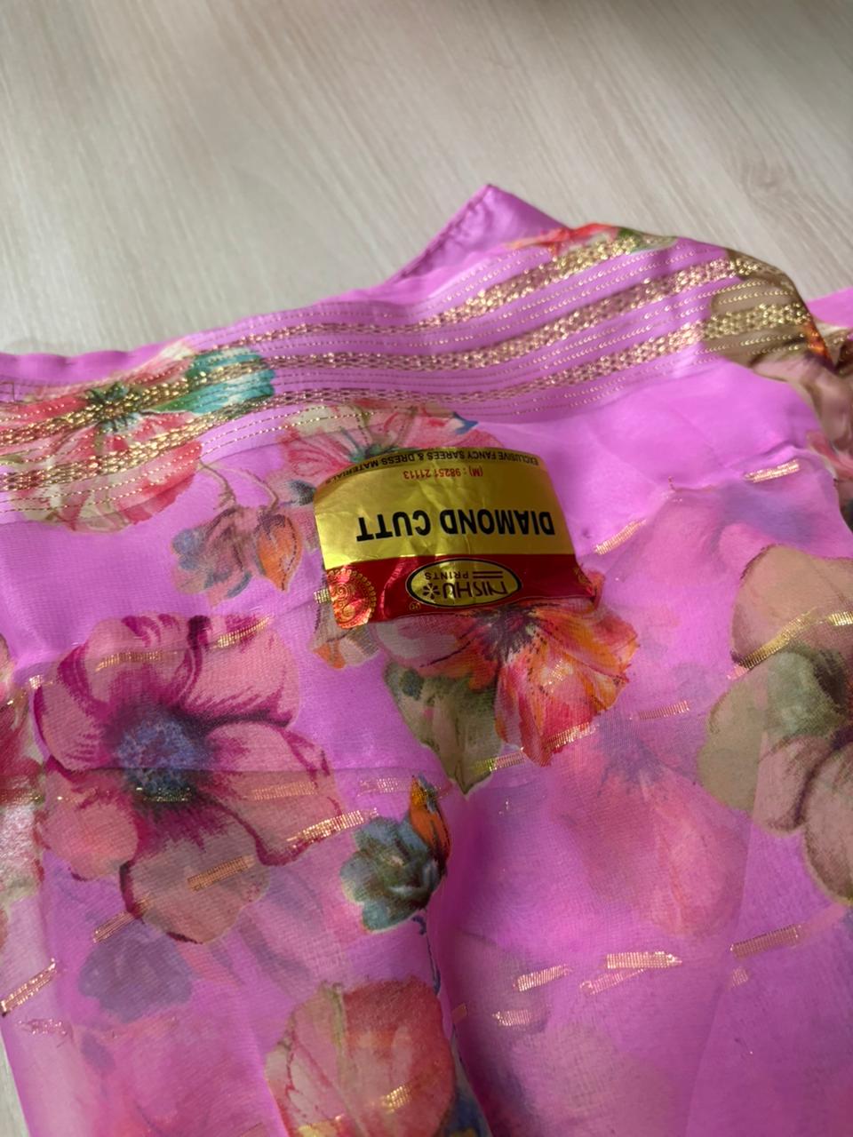 Japanese Print Saree | Floral Party Wear Sari without Blouse Falls Pico Finished