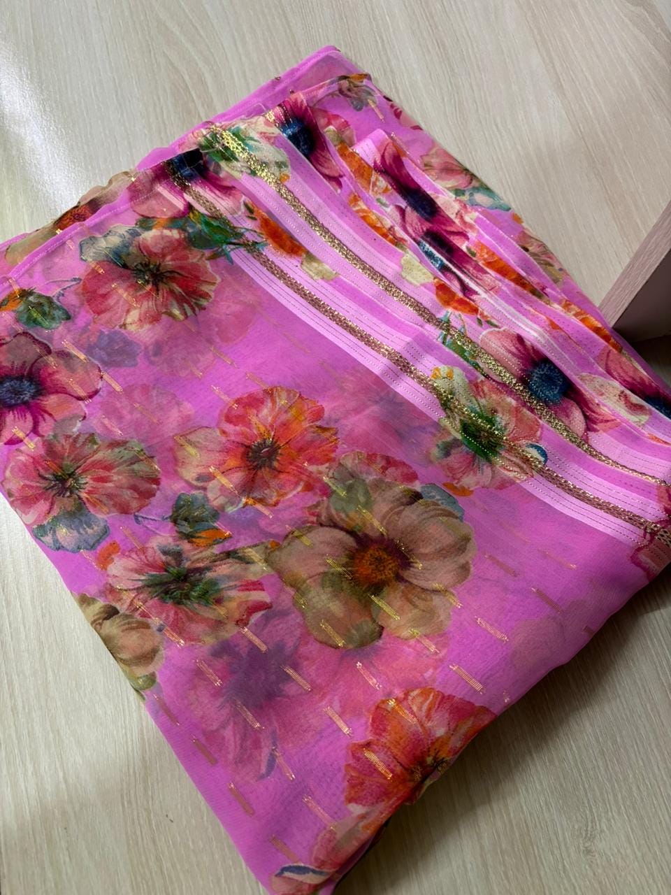 Japanese Print Saree | Floral Party Wear Sari without Blouse Falls Pico Finished