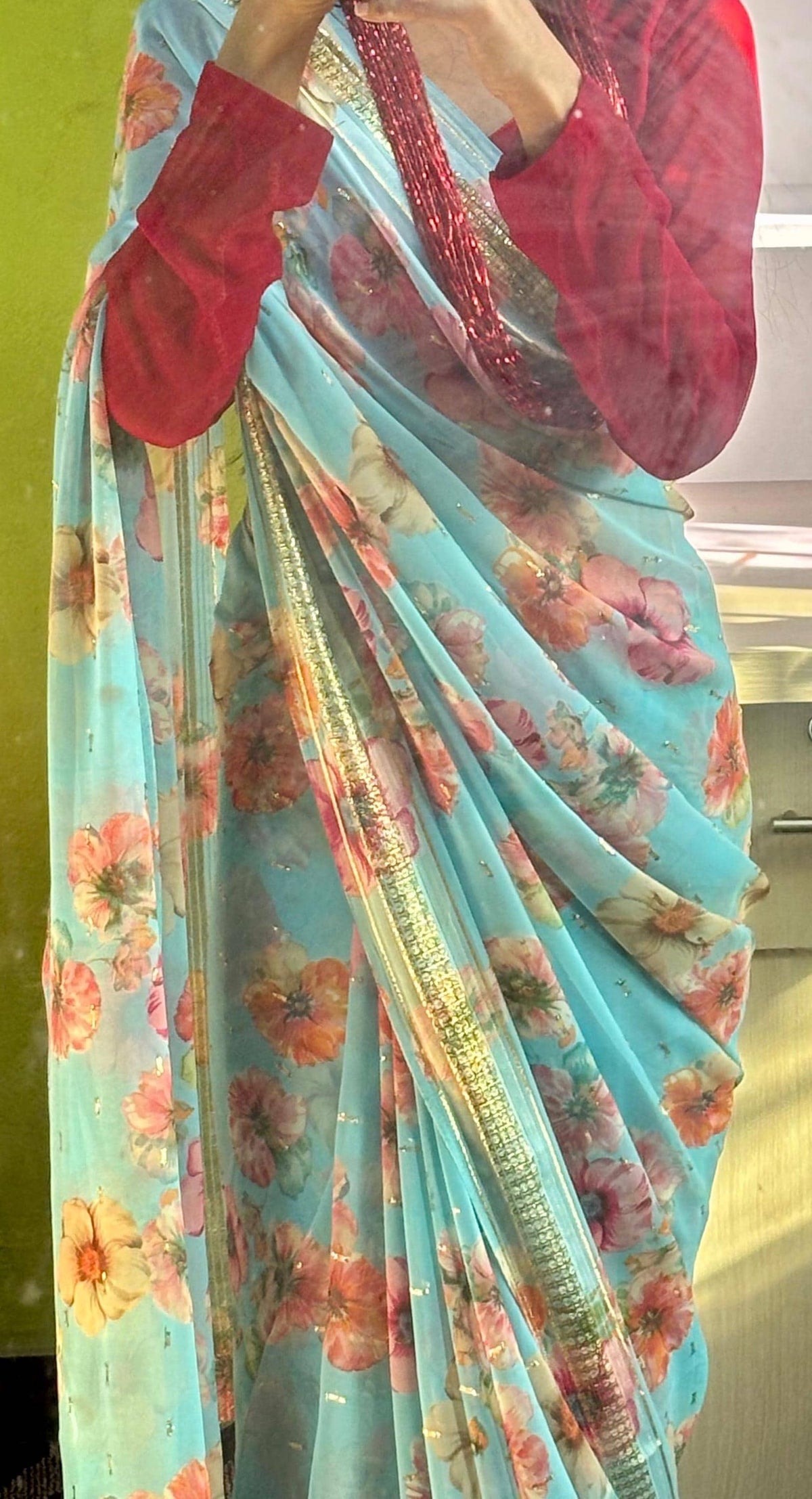 Japanese Print Saree | Floral Party Wear Sari without Blouse Falls Pico Finished