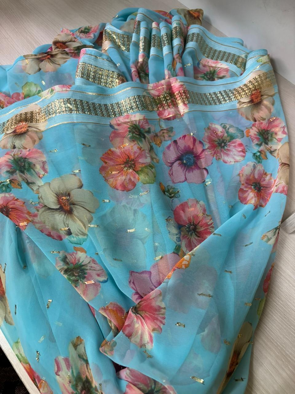 Japanese Print Saree | Floral Party Wear Sari without Blouse Falls Pico Finished